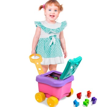 Baul didactico rosa de jalar con bloques de encaje