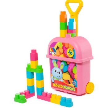 Carrito de jalar rosa con 20 bloques molto babyland