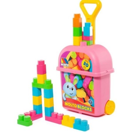Carrito de jalar rosa con 20 bloques molto babyland