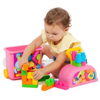 Carrito de jalar rosa con 20 bloques molto babyland